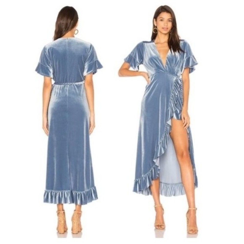 MISA Blue Selina Velvet Wrap Ruffle Casual Maxi Dress